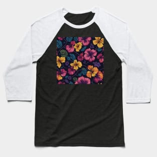 Colorful Tropical Flower and Leaves Pattern on Black Baseball T-Shirt